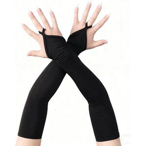 Women's Finger Loop Black Elegant Stretchy Spandex Elbow Length Satin Gloves